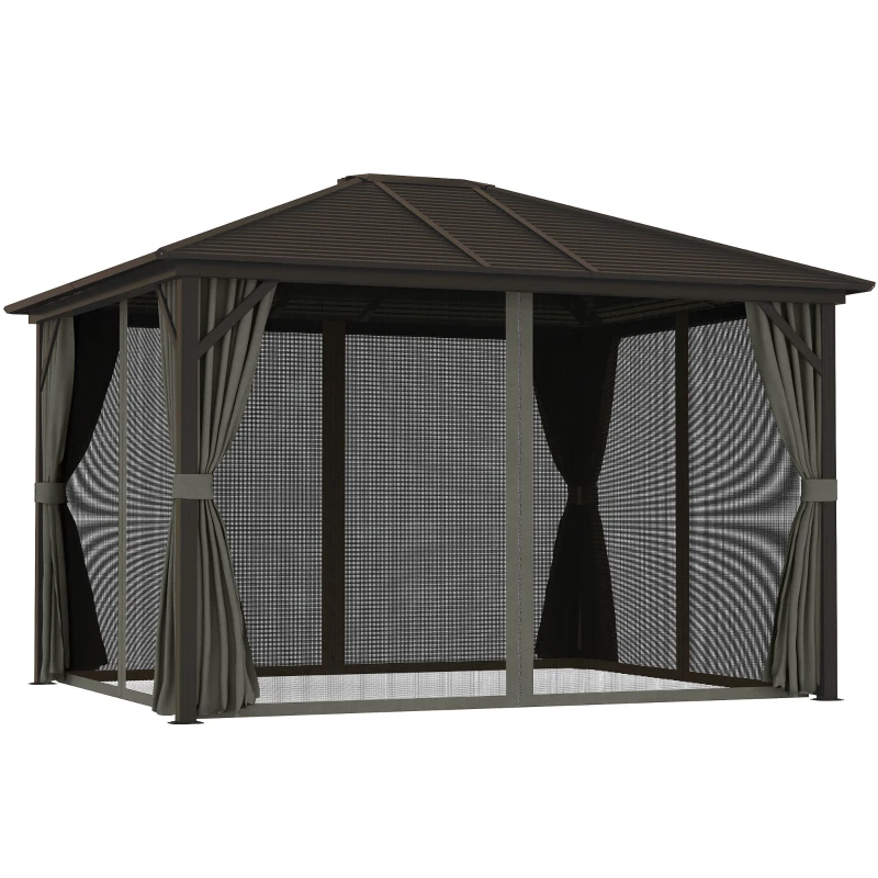 Outsunny 10' x 12' Deluxe Hardtop Gazebo with Metal Roof, Aluminum Frame Patio Gazebo Garden Sun Shelter Outdoor Pavilion with Curtains and Netting, Grey