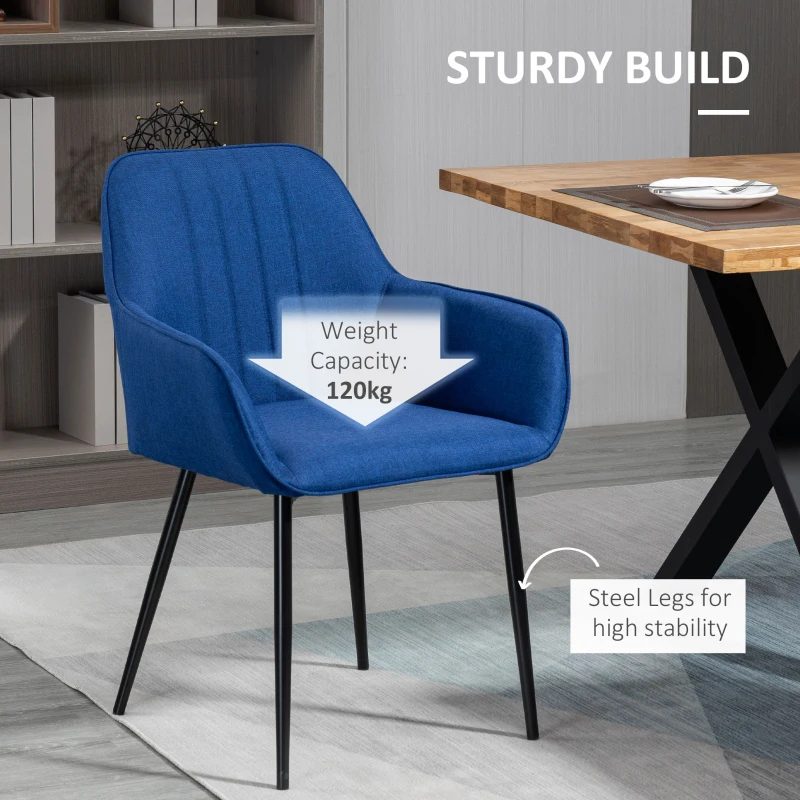 HOMCOM Dining Chairs Set of 2, Upholstered Linen Fabric Accent Chairs with Metal Legs, Dark Blue