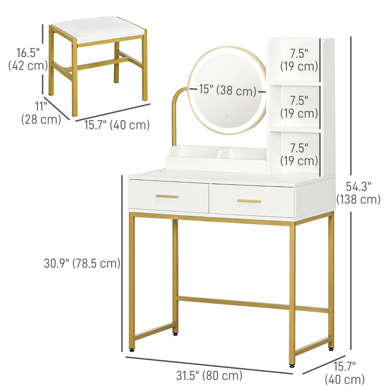 HOMCOM Makeup Vanity Table Set with  Stool, LED Lights, Drawers, Shelves, Dressing Table for Bedroom, White