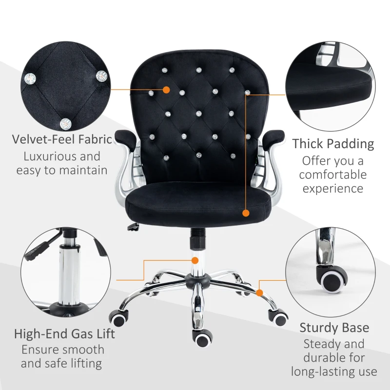 Vinsetto Button Tufted Desk Chair, Home Office Chair with Padded Armrests, Adjustable Height and Swivel Wheels, Black