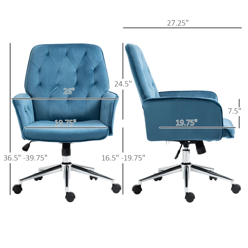 Vinsetto Velvet Home Office Chair, Tufted Height Adjustable Computer Desk Chair with Swivel Wheels and Padded Armrests, Blue
