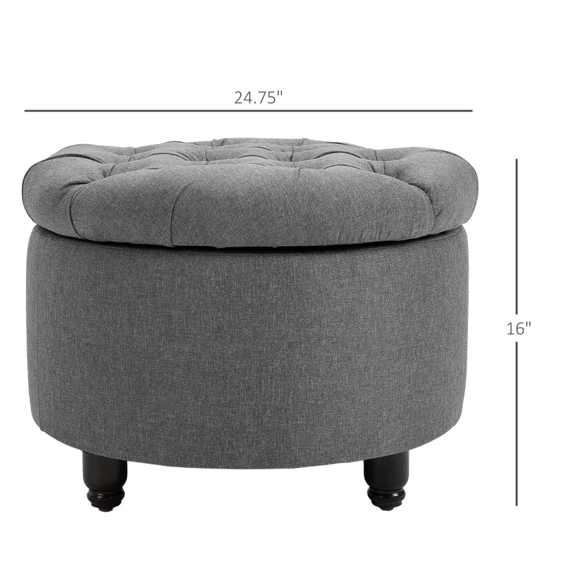 HOMCOM Round Linen-touch Fabric Storage Footstool Ottoman Button Tufted Footrest with Removable Lid, Grey
