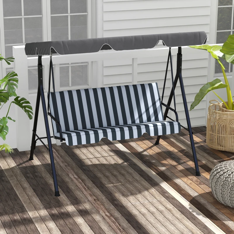 Outsunny 3-Seat Outdoor Patio Swing Chair w/ Cushion, Steel Frame Stand, Adjustable Tilt Canopy for Patio, Garden, Gray & White