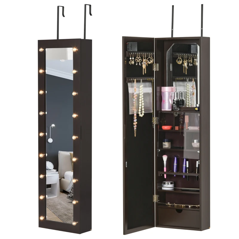 HOMCOM Jewelry Armoire with Mirror and 18 LED Lights, Wall-Mounted/Over-The-Door Cabinet with 3 Mountable Heights, Dark Walnut