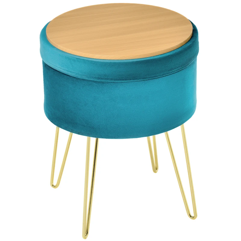 HOMCOM Modern Round Velvet Storage Ottoman Footstool Seat Rest Dressing Chair with Gold Metal Legs Tray Top Wooden Table Green