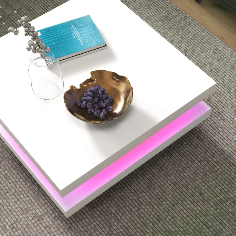 HOMCOM Square Coffee Table with 7 LED Lights and Remote, 2-Tier Modern Center Table for Living Room, White