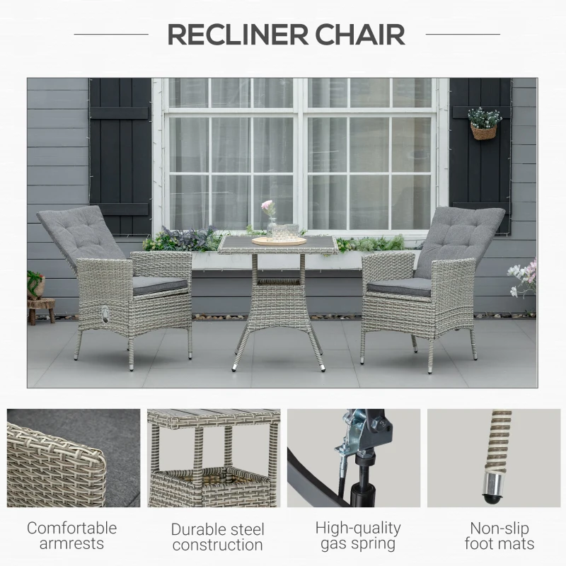 Outsunny 3 Piece Patio Bistro Set, PE Wicker Furniture Conversation Set w/ Tufted Cushion Reclining Chairs & Coffee Table, Gray