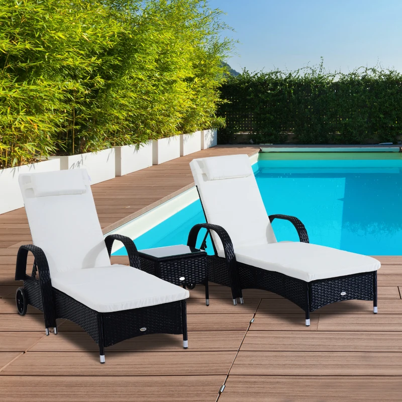 Outsunny Patio Rattan Lounge Set has a Wheeled Wicker Chaise Lounge Chair and A Table with A Tempered Glass Top, White