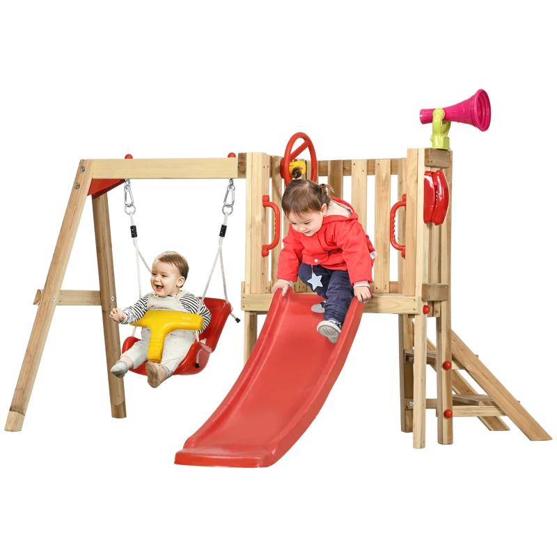 Outsunny 4-in-1 Wooden Swing Set with Swing, Slide, Horn, Steering Wheel, Red