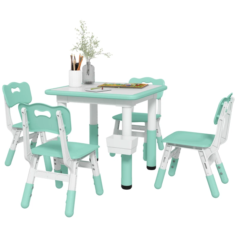 Qaba Height Adjustable 5pc Toddler Table and Chair Set with Storage Box, Easy to Wipe for 18 Months - 5 Years, Green