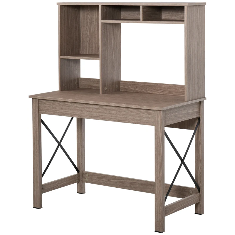 HOMCOM Computer Desk with Hutch, Home Office Table with Storage Shelves and Open Compartments for Writing, Work, Brown