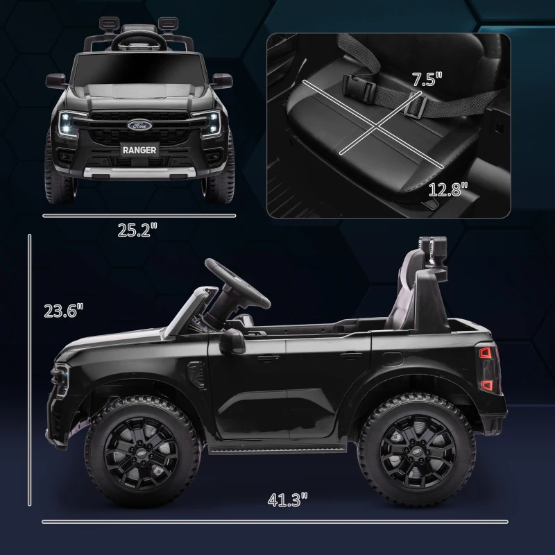 Qaba Ford Ranger Licensed Kids Ride on Car 12V Battery Power Car with Remote Control, Spring Suspension Toy Storage, Black