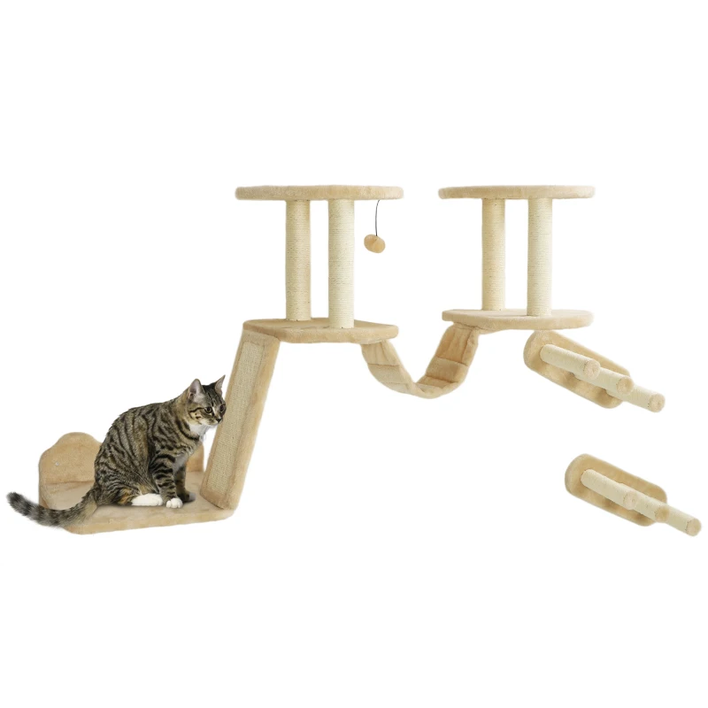 PawHut 3pc Cat Wall Shelves w/ Scratching Post, Perches, Ladder, Steps & Scratching Board, Beige