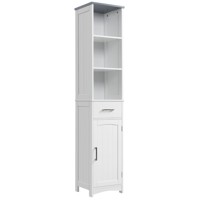 kleankin Tall Bathroom Storage Cabinet, Slim Bathroom Cabinet with 3 Tier Shelf, Drawer, Door, Freestanding Linen Tower, White