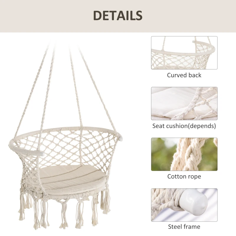 Outsunny Hanging Hammock Chair, Cotton Rope Porch Hammock Swing with Metal Frame and Cushion, Large Macrame Seat for Patio, Garden, Bedroom, Living Room,  Cream White