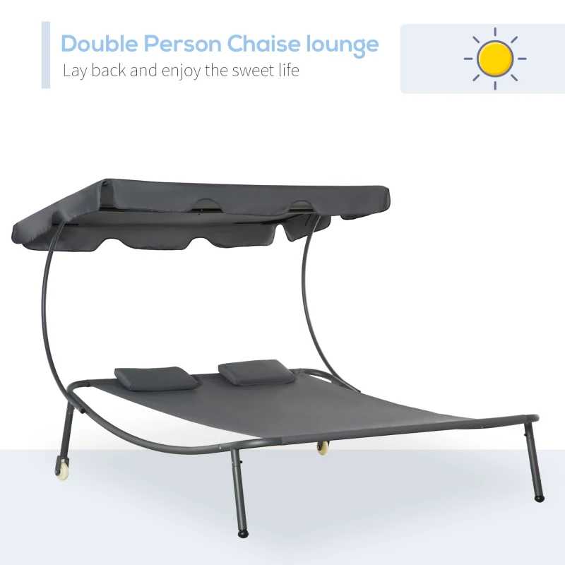 Outsunny Patio Double Chaise Lounge Chair, Outdoor Wheeled Hammock Daybed with Adjustable Canopy and Pillow for Sun Room, Garden, or Poolside, Grey