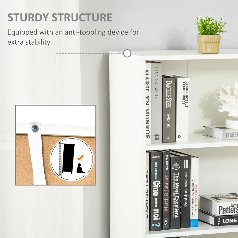 HOMCOM 4-Tier Open Bookshelf with Doors Modern Home Office Bookcase Storage Cabinet for Living Room Bathroom Study, White