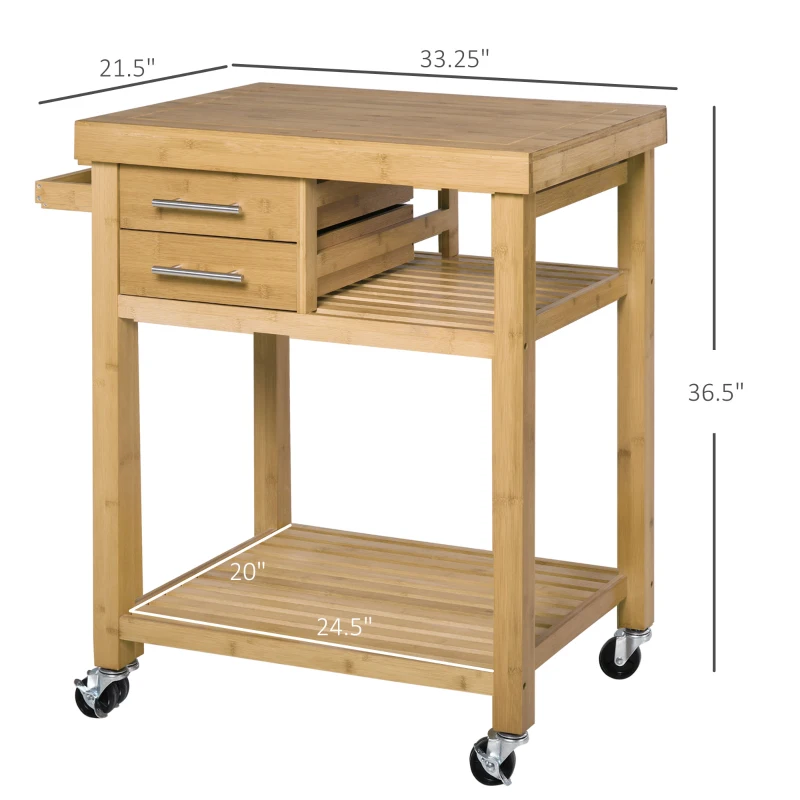 HOMCOM Bamboo Kitchen Island Cart on Wheels, Utility Trolley Cart with 2 Storage Drawers and Open Shelves, Bamboo Tone