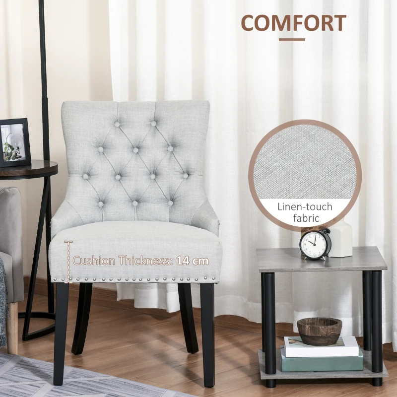 HOMCOM Swoop Air Linen Fabric Dining Chair with Nailhead Trim and Wood Legs, Light Grey