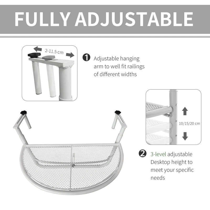 Outsunny Adjustable Balcony Hanging Railing Table, Metal Mounting Mini Wall Desk Storage Rack, Outdoor Flower Stand Serving Table Half Round, White
