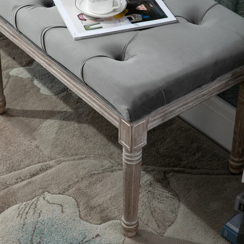 HOMCOM Bedroom End of Bed Bench, 56" Upholstered Entryway Bench with Button Tufted, Thick Padding and Wood Legs, French Vintage Style Linen-Feel Ottoman Bench for Hallway, Living Room, Gray