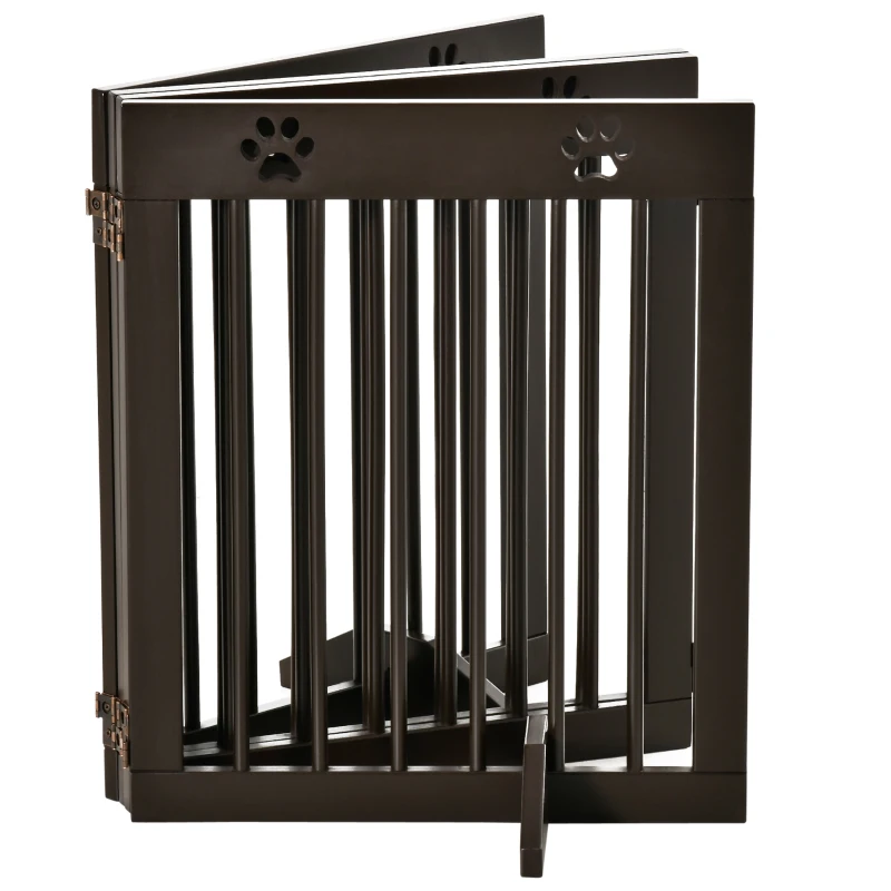 PawHut Freestanding Pet Gate with Two-Direction Hinges, Removable Feet, Foldable Wooden Dog Fence with Paw Carved, 24" x 20", Espresso Brown