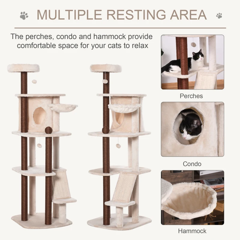 PawHut 68" Cat Tree Tower, Large Cat Condo Furniture, Multi-Level Cat Tower with Scratching Posts, Ramp, Perches, Dangling Ball