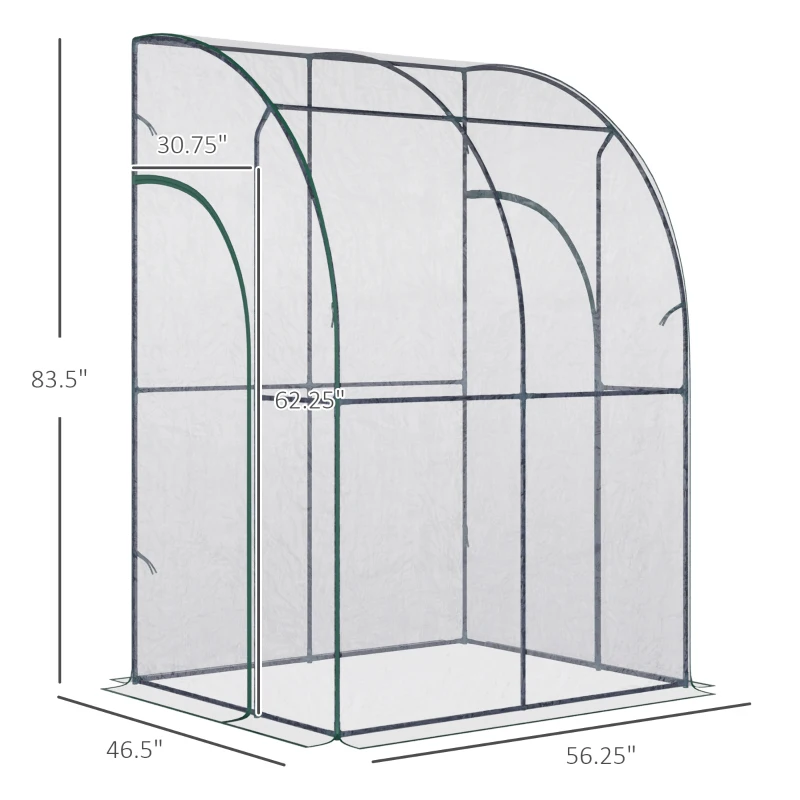 Outsunny 5' x 4' x 7' Lean-to Greenhouse, Walk-in Wall Mounted Hot House & Plant Nursery with 2 Zippered Roll Up Doors, Sloping PVC Cover, Green and Clear