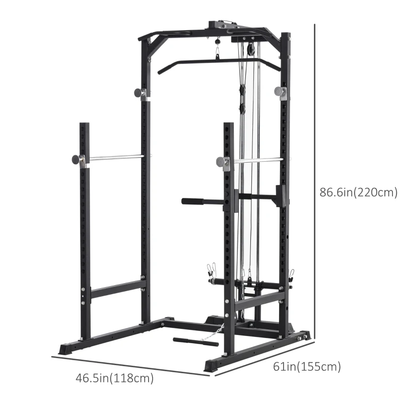 Soozier Power Cage, Power Rack with LAT Pulldown Attachment, Pull-up Bar, T Bar Row Landmine and Dip Handle, Strength Training Workout Station, for Home Gym, 800lbs Capacity