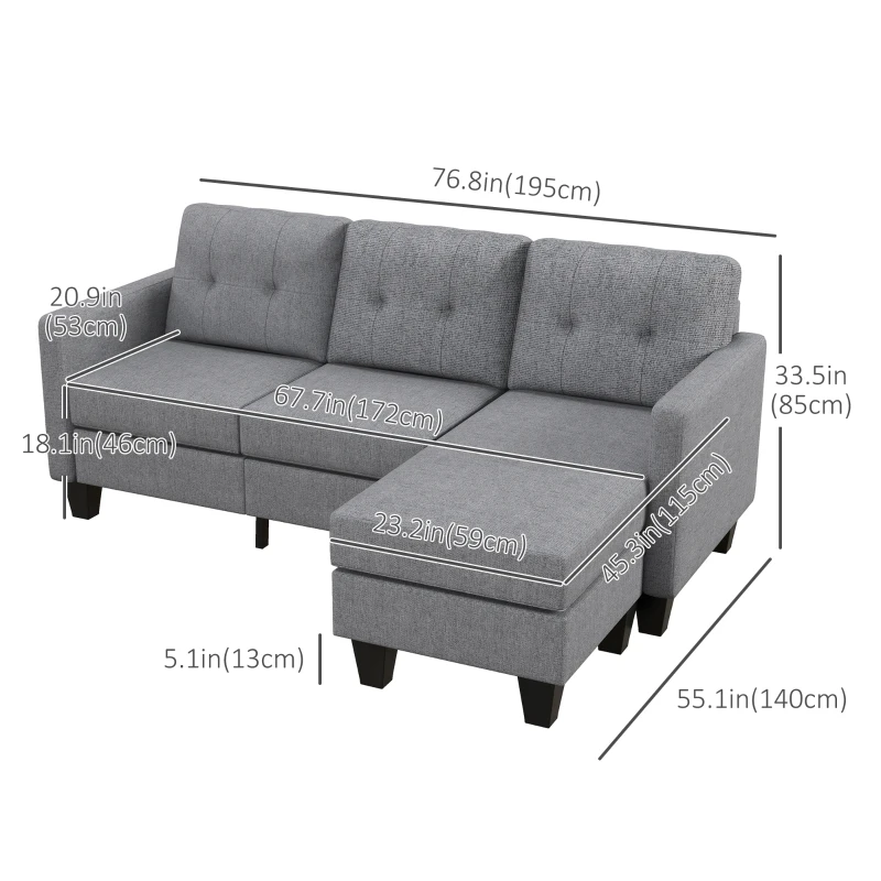 HOMCOM L-shaped Sofa, 3 Seater Couch with Ottoman, Corner Sofa with Thick Padded Cushion and Wood Legs, Light Grey