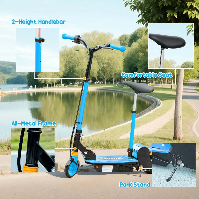 Soozier Foldable Electric Scooter for Kids Ages 6-14, with Seat and 2 Adjustable Heights, Max 6km Range & 12km/h, Blue