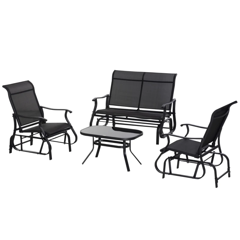 Outsunny 4 Pieces Gliders Set, Outdoor Furniture Sets with 2-Person Glider Patio Bench, Single Sling Chair and Glass Coffee Table for Backyard, Lawn and Garden, Black