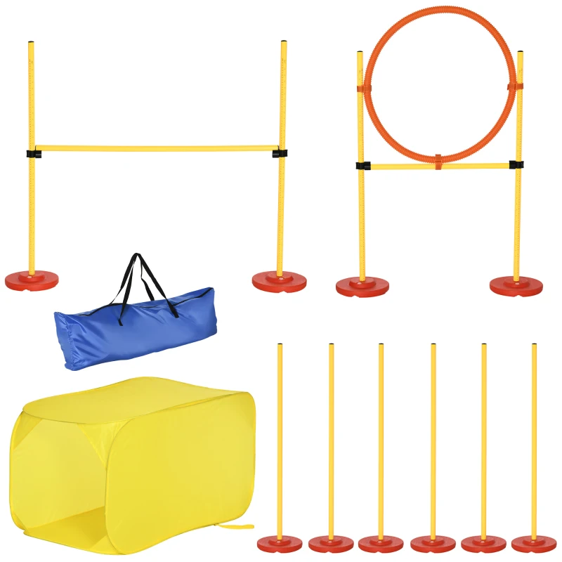 PawHut 4PCs Portable Pet Agility Training Obstacle Set for Dogs w/ Adjustable Weave Pole, Jumping Ring, Adjustable High Jump, Tunnel and Carrying Bag