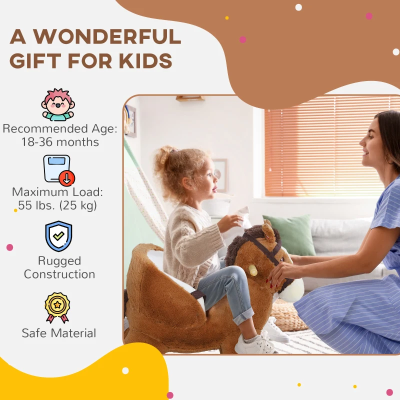 Qaba Baby Rocking Horse, Kids Ride-on with Sound, Wooden Base & Safety Belt for Ages 18-36 Months, Brown