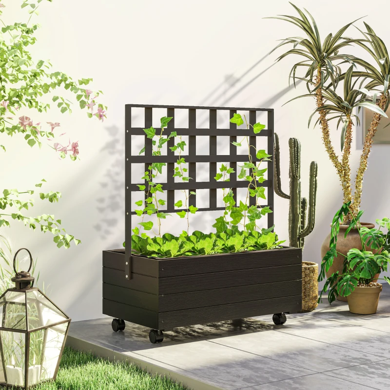 Outsunny Raised Garden Bed with Trellis and Wheels, Outdoor Planter Wooden Elevated Garden Bed for Garden, Patio, Balcony