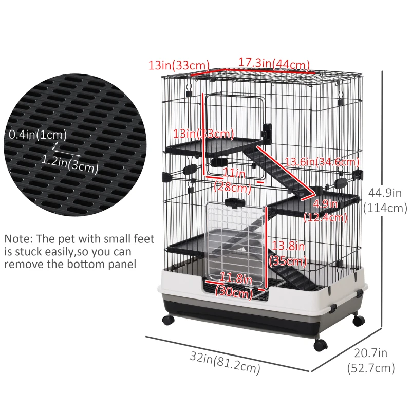 PawHut 45"H 4-Level Small Animal Cage Rabbit Hutch with Universal Lockable Wheels, Slide-out Tray for Bunny, Chinchillas, Ferret, Black