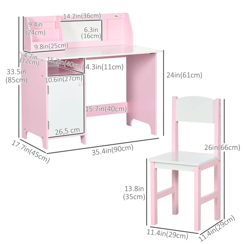 Qaba 2Pcs Kids Desk and Chair Set with Whiteboard, Storage, Shelves, Pink