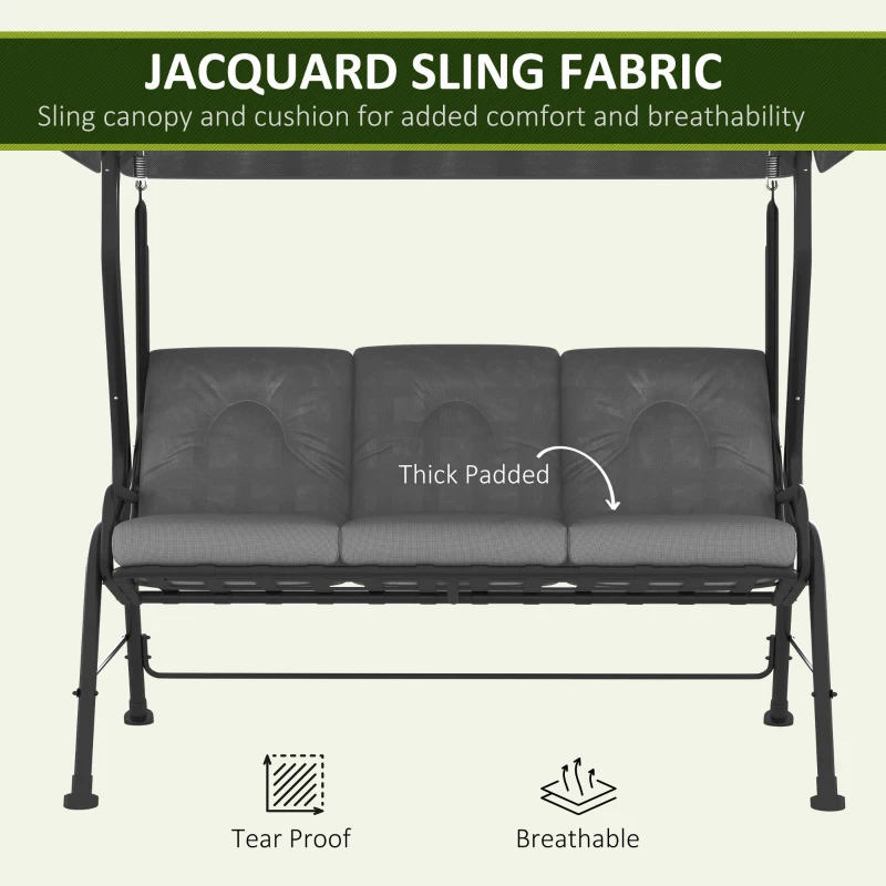 Outsunny 3-Seat Patio Swing Chair, Outdoor Swing Glider with Adjustable Canopy, Removable Thicken Cushion, and Weather Resistant Steel Frame, for Garden, Poolside, Backyard, Gray