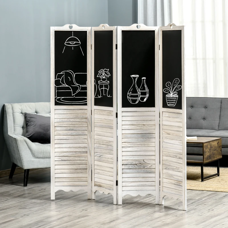 HOMCOM 4-Panel Folding Room Divider with Blackboard, 5.5 Ft Tall Freestanding Privacy Screen Panels for Bedroom or Office, White