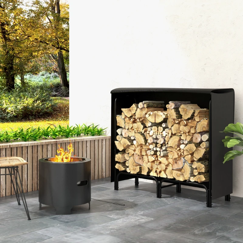 Outsunny 4ft Outdoor Firewood Rack with Cover and Carrier, Adjustable Wood Storage Holder, Indoor Outdoor Log Rack, Black