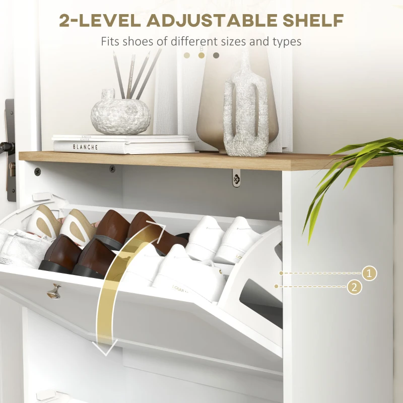 HOMCOM Slim Shoe Storage Cabinet, Modern Shoe Cabinet with 2 Flip Drawers and Adjustable Shelves for 8-12 Pairs, White