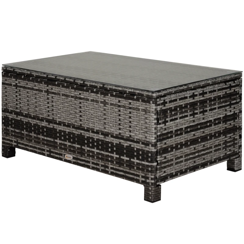Outsunny Outdoor PE Rattan Wicker Table, Patio Garden Side Table w/Glass Top for Patio, Balcony, Mixed Grey