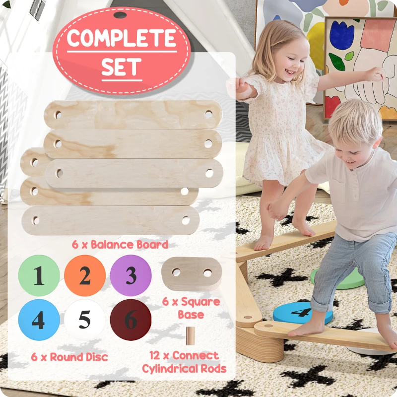 Qaba 6 PC Wooden Balance Beam for Kids, for Coordination, for Indoor Outdoor