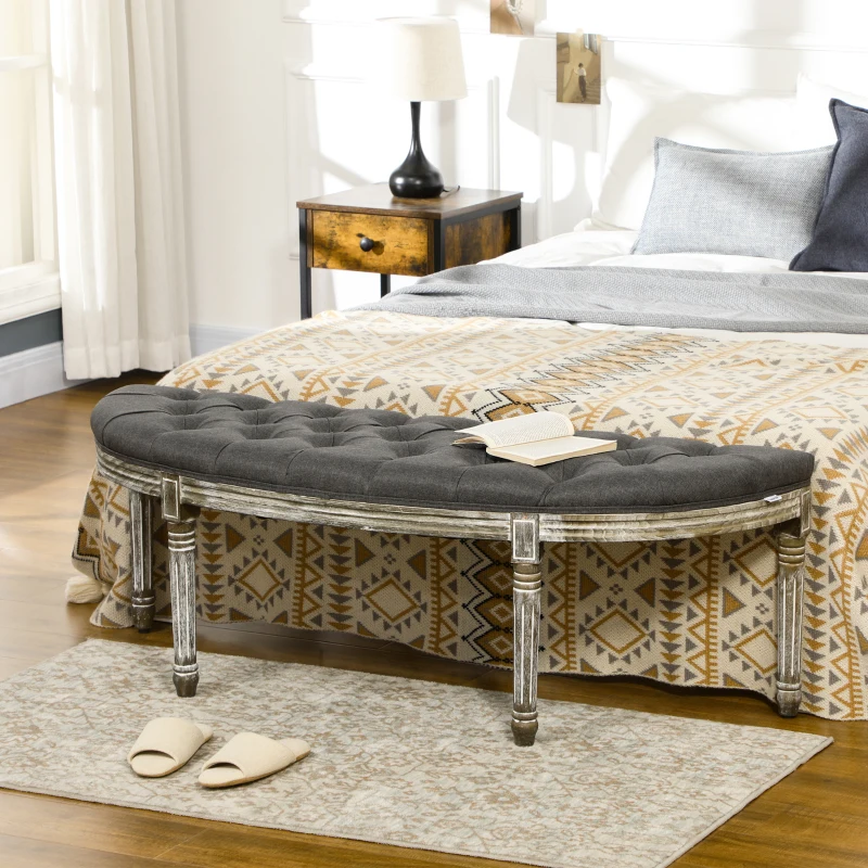 HOMCOM Vintage Semi-Circle End of Bed Bench, Upholstered Bedroom Entryway Bench with Tufted Linen-Touch Fabric with Rubberwood Legs, Gray
