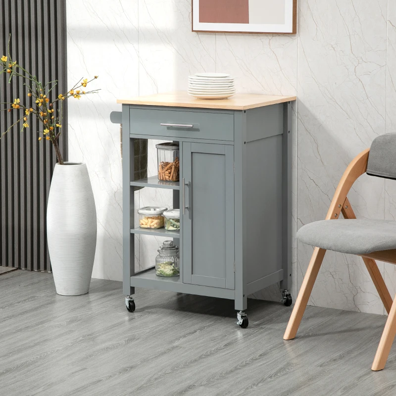 HOMCOM Kitchen Island, Compact Kitchen Cart on Wheels with Open Shelf & Storage Drawer for Dining Room, Kitchen, Grey