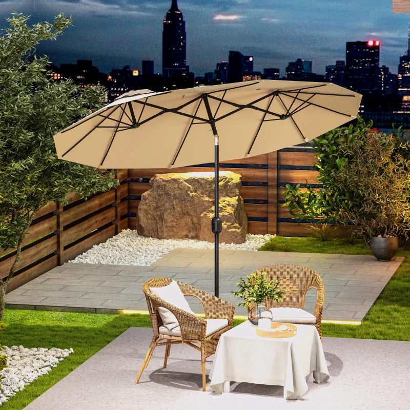 Outsunny Double Sided Patio Umbrella, 9.5' Large Outdoor Market Umbrella with Push Button Tilt and Crank, 3 Air Vents and 12 Ribs, for Garden, Deck, Pool, Brown(m-10)