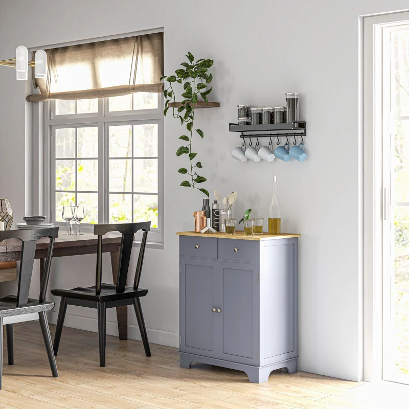 HOMCOM Kitchen Storage Cabinet, Sideboard Floor Cupboard with Solid Wood Top, Adjustable Shelf, and 2 Drawers, Gray