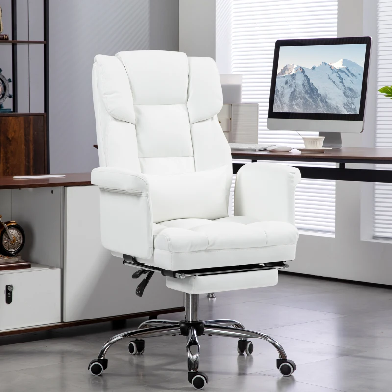 HOMCOM Executive Office Chair with Footrest and Lumbar Support, PU Leather Desk Chair, Ergonomic, Reclining and Swivel, White