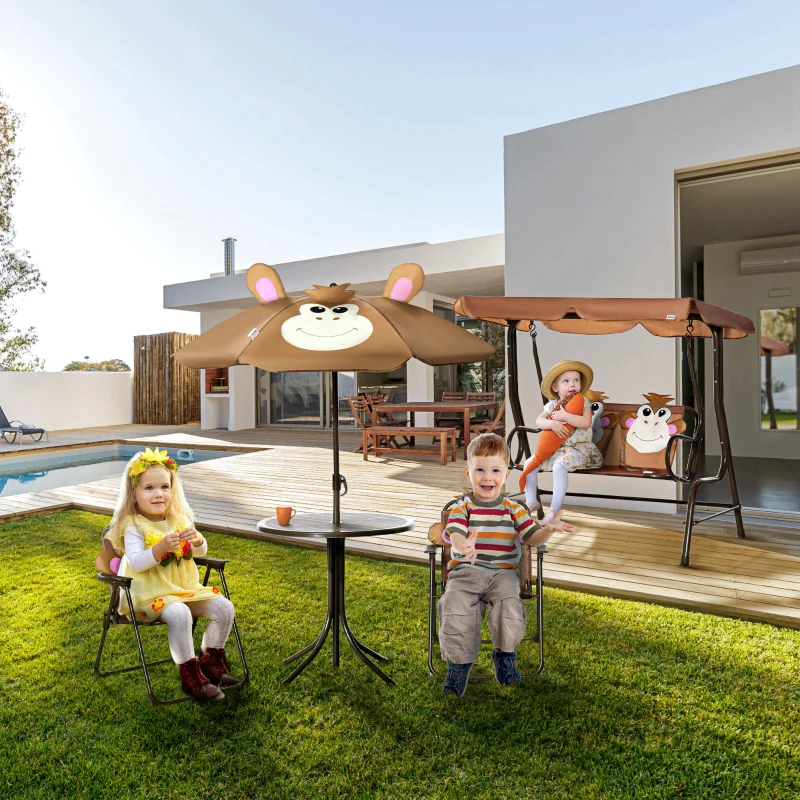 Outsunny Kids Table and Chair Set, Outdoor Folding Garden Furniture, Picnic Table for Patio Backyard, with Removable & Height Adjustable Sun Umbrella, Aged 3-6 Years Old, Brown