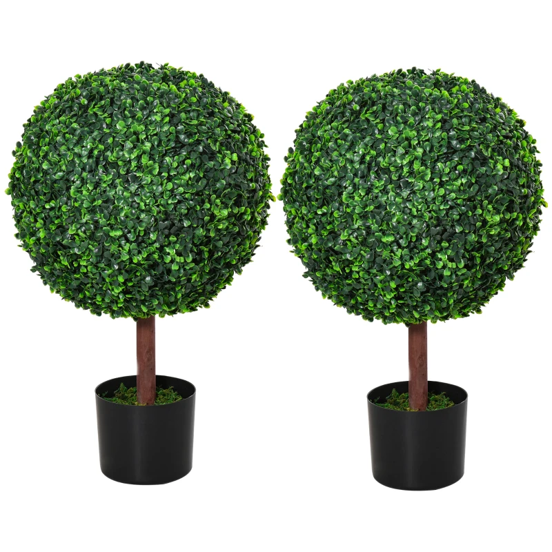 Outsunny 23.5" Artificial Boxwood Topiary Ball Tree, Fake Decorative Plant, Nursery Pot Included for Home, Balcony, Backyard and Garden, Set of 2, Green